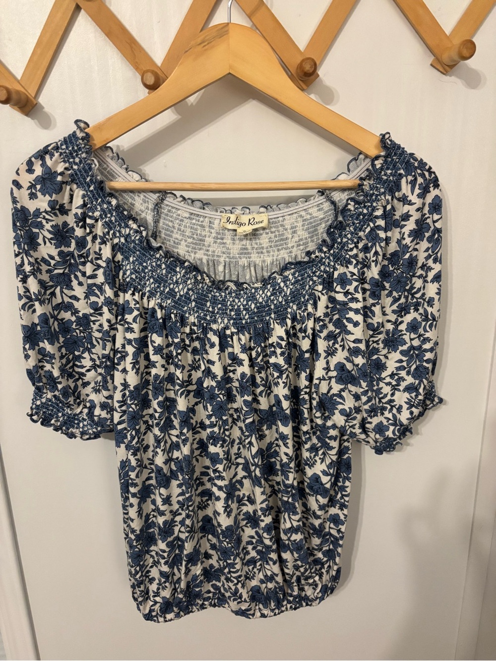 Indigo Rose Blue Floral Smocked Peasant Top - Women